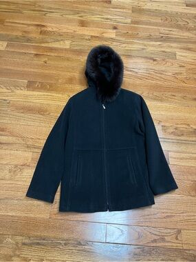 Black Wool blend Hooded Coat with Fur Trim